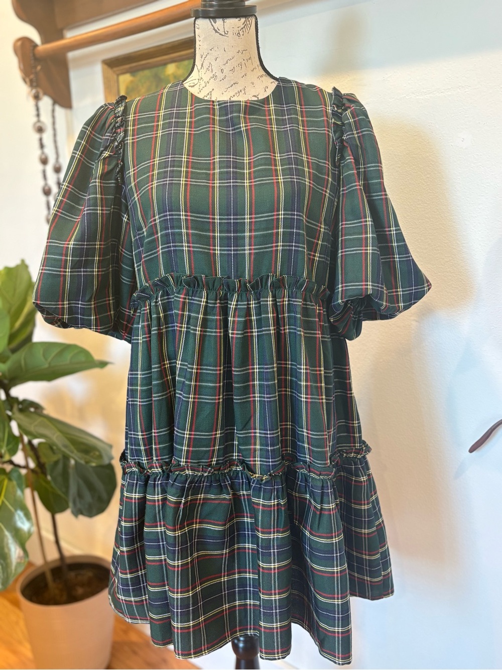 Plaid Babydoll Mini Dress Puff Sleeve Cottagecore Academia